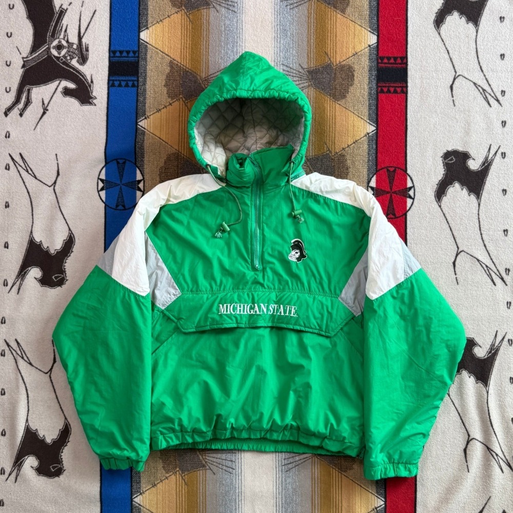 Vintage Red Oak Michigan State Spartans Anorak Jacket Green XL Pullover Puffy